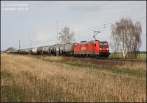 185 189 kommt mit einem Mineral�lzug aus Stendell nach Rh�sa am �rtchen Gr�fendorf bei Falkenberg/Elster vorbei, 16:00 Uhr am 30.03.09.