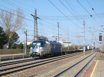 Etwas gew�hnungsbed�rftig ist die
ES64 U2-064 im Dienst der WLB mit
ihren schwarzen Hauben.
Am 04.04.2009 ist diese Maschiene
mit einem Containerzug in
Marchtrenk durchgefahren.