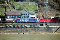 V�lkerverst�ndigung in Kaub am Rhein. Eine Re 482 der SBB-Cargo begegnet direkt im Bahnhof von Kaub einer BR 143 der DB. (April 2009, Blick auf die rechte Rheinseite vom Block Langscheid).