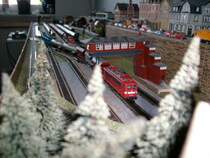 TT BR 142 005-8 der DR vor einen kurzen Mischzug.Ab und zu f�hrt sie auch den Getreidezug �ber die Anlage.Die B�ume sehen aus,als l�ge Schnee drauf,ist aber nicht so.Durch den Blitz der Kamera sind sie so wei�.