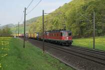 Re 6/6 11619 und Re 4/4 II 11289 mit einem Containerzug in Tecknau, am 21.4.09.