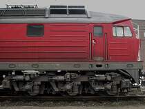 232 092 Im Bw Hagen Eckesey 2003.
Detailaufnahme des vorderen Drehgestells.