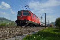 Bei Frick AG kommt kommt der InteRegio nach Basel mit Re 4/4 11126 bei herrlichem Fr�hlingswetter angebraust. Blauer Himmel, saftiges Gr�n mit L�wenzahn im Vordergrund, harmonieren mit der roten SBB Lok. Da macht das Fotografieren wieder Freude nach dem langen Winter. 20.4.2009