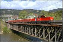 E-Lok 1063 021 f�hrt mit einem Containerzug �ber die Murbr�cke in Leoben.
17.04.2009