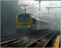 Eine paradoxe Wetterlage f�hrte zu diesem Stimmungsbild. Im Fr�hnebel des 22.06.09 n�hert sich der IR Luxemburg-Liers �ber die dampfenden Gleise der Haltestelle Wilwerwiltz. (Jeanny)