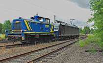 Mal ein anderer Lokzug bestehend aus MRCE 185 551-9 und im Schlepp MWB 360 749-6. Der Nachschuss aufgenommen am 08.07.2009 in Eschwege West.