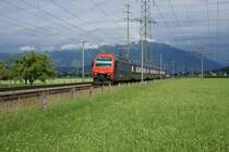 Eine S 2 mit der Re 450 055-9 n�hert sich am 9.7.09 Siebnen.