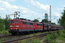 151 146-8 + 151 153-4 ziehen am 6.07.09 einen Erzleerpark von Salzgitter-Beddingen nach Hamburg-Hansaport. Aufgenommen bei der Durchfahrt in Hamburg-Unterelbe.
