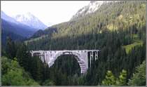 Es ist wieder Pilzzeit und deshalb gehts mit dem ersten Zug nach Arosa. Nicht nur der Landwasser Viadukt, sondern auch das Langwieser Viadukt wird saniert. Es hat aber im Gegensatz zum Landwasser Viadukt keine rote H�lle erhalten. (12.07.2009)