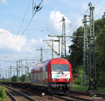 420 14 der EVB rumpelt am 6.07.09 mit einem Containerleerzug durch Hamburg-Harburg Richtung Waltershof.