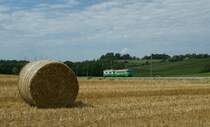 Der Waadtl�nder lebt nicht nur vom Wein allein, auch sein t�glich Brot isst er - und so pr�gen nicht nur Rebberge, sondern auch ausgedehnte Getreidefelder das Landschaftsbild des Waadtlandes; hier ein abgeerntetes Getreidefeld bei Vufflens-le-Ch�teau an der BAM Strecke am 24. Juli 2009