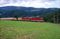 Die 1144 225 half der 1044 115 mit einem G�terzug �ber den Semmering. Dieses Foto enstandt am 21. Juli 2009 bei Eichberg  am Semmering.
