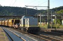 In Plochingen werden zur Zeit umfangreiche Gleisbauarbeiten durchgef�hrt. Am 25.7.2009 war 203 507-9 der Hessischen G�terbahn mit einem Bauzug dort im Einsatz.