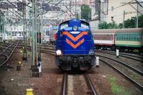 SZCZECIN (Woiwodschaft Westpommern), 26.07.2009, eine Lok der Baureihe SM42 kurz vor der Einfahrt in den Hauptbahnhof -- fotografiert durch die Scheibe hinter dem Führerstand von 628 659 als RB66 von Angermünde