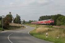 218 491 verl�sst am 31.7.2009 mit dem Tour de L�ndle-Sonderzug den Bahnhof Aulendorf Richtung Pfullendorf
