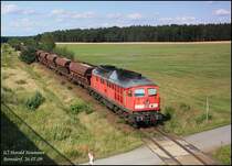 Alte L�fter w�ren hier was Tolles! Aber auch so sieht der Zug wohl sch�n aus mit der ausgeblichenen Lok und den schottergef�llten Wagen. Der Zug f�hrt von O�ling nach Senftenberg gezogen von 233 478.