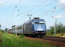 Am 04.08.2009 war ein Adler aus Mannheim am EC 341  Wawel . Hier befindet sich 101 070-1 gerade in L�bbenau/Spreewald. Sie wird den EC noch bis Cottbus bringen. 