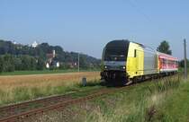 Am 01.08.2009 kam erstmals auf der Mittelschwabenbahn eine Dispo ER 20 zum Einsatz (ER 20-010). Dabei zog sie den allj�hrlich verkehrenden  Zeltlagerexpress  M�nchen-Krumbach. Hier kurz hinter Neuburg/Kammel.(weitere Bilder auf meiner Seite)