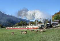 RhB Extra-Salondampfzug f�r GRAUB�NDEN TOURS 3031 von Landquart nach Davos-Platz vom 26.10.1997 bei Klosters-Dorf mit Dampflok G 4/5 108 - G 4/5 107 - AS 1161 - AS 1143 - AS 1141 - AS 1142 - AS 1144.