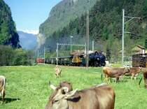 RhB Dampfextrazug f�r den Verein der Dampffreunde der RhB 3031 von Landquart nach Davos-Platz vom 10.05.1998 in Seewis mit Dampflok G 4/5 108 - Ge 6/6I 414 - B 2247 - B 2246 - B 2245 - D� 4052I - B� 2060 - A� 1102 - B 2305 - B 2301. Hinweis: nach Durchfahrt der Chlus (heute ein 983,60m langer Tunnel) erreicht der Dampfzug bei km 6,732 die Station Seewis. 