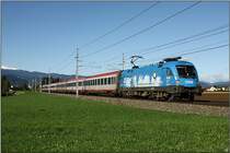 Mit dem IC 534  �sterreichischer St�dtebund  f�hrt 1016 023 Kyoto von Villach nach Wien.
Lind bei Zeltweg 05.09.2009