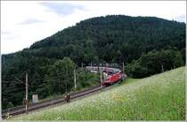Der EC 158  Croatia  von Zagreb nach Wien S�dbahnhof wurde am 21.7.2009 von einer 1116 bespannt, die eine 1044er kalt mitschleppte. Das Foto enstand auf der Apfelwiese bei Eichberg.