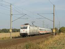 101 034-7  In Form  mit einem IC in Richtung Braunschweig unterhalb der Autobahnbr�cke der A14 zwischen Magdeburg und Niederndodeleben. Fotografiert am 21.09.2009.