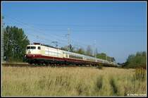 103 235 mit TEE 91301 Binz nach Koblenz am Abzweig Rostock-Rieckdahl. Aufgenommen am 27.09.09