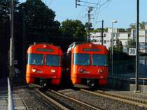 RBS - Zwischen Bern und Worblaufen vor der Aarebr�cke Kreuzung zwischen Be 4/12 43 und Be 4/12 46 am 01.09.2009