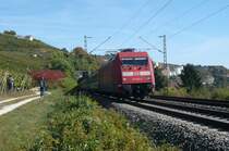 Die Wartezeit war schon fast abgelaufen, da erschien er doch noch, der EC 6  nach NRW, bei Istein. W�hrend Silvan Wyss hinter einer Rebe sein Gl�ck versucht, betrachtet Stefan Wohlfahrt interessiert die, an ihm vorbeifahrende 101 003-2 mit ihren SBB Wagen.
S�dbaden, den 3.10.09.