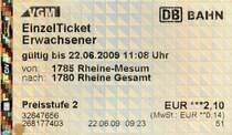 RHEINE (Kreis Steinfurt), 22.06.2009, Einzel-Ticket der Verkehrsgemeinschaft Münsterland (VGM) für eine Fahrt von Rheine-Mesum nach Rheine, gelöst am Automaten auf dem Bahnhof Rheine-Mesum -- Fahrkarte eingescannt