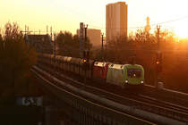 1.11.08 In der Fahrplanperiode 07/08 gab es einen MoKo welcher t�glich von Moosbierbaum �ber die FJB, Vororte, Verbindungsbahn und Schnellbahn-Stammstrecke Richtung Polen fuhr. Genauer gesagt den LGAG 48002 von Moosbierbaum nach Breclav welcher heute zu meiner Freude von der 1116 033 und einer weiteren 1x16er bespannt war. Gerade �berquert das Gespann die Donaubr�cke und konnte im vollsten Gegenlicht abgelichtet werden.