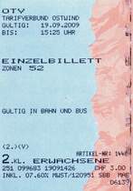 STEIN am Rhein (Kanton Schaffhausen), 19.09.2009, Einzelticket im Tarifverbund Ostwind für eine Fahrt von Stein am Rhein nach Mannenbach-Salenstein (Teilstück der Strecke von Schaffhausen nach St. Gallen), gelöst am Automaten im Bahnhof Stein am Rhein  -- Fahrkarte eingescannt