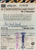 BERLIN, 25.09.2009, Quer-Durchs-Land-Ticket für zwei Personen, gelöst am Automaten im S-Bahnhof Berlin-Pankow -- Fahrkarte eingescannt