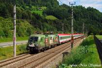 Euromotion-Lok 1116 264-1 mit �BB EC 111 M�nchen Hbf. - Klagenfurt Hbf.,kurz vor dem Passieren des Esig von Schwarzach-St.Veit (�sterreichurlaub 14.08.09)