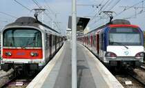 Am östlichen Ende der Pariser RER(S-Bahn)-Ligne A  stehen hier der Triebzug RATP-M.15222(unmodernisiert mit alter Front) und ein modernisierter Triebzug derselben Reihe am Bahnsteig.
Die RATP (Pariser Verkehrsbetriebe) haben die Reihe M.15000 (Typ MS61) von 1967-1980 in Dienst gestellt. Von 2006-2009 wurde ein Teil der Reihe modernisiert.
Boissy-SaintLéger
05.05.09
