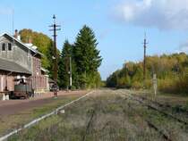 Der Bahnhof Raeren am heutigen 25/10/2009.Die Gleise sind fast komplett zugewuchert. Wenn nichts mehr geschieht, wird man im kommenden Fr�hjahr noch nicht mal mehr andeutungsweise erkennen, dass hier einst Bahnverkehr herrschte.
