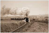 Zu Abwechslung von mir einmal eine kleine Serie in SW. Bescheiden war am 22.10.2009 leider das Wetter, als f�r eine private Foto und Videogruppe von Retz ausgehend Sdz R 16612 nach Drosendorf in Verkehr gesetzt wurde. Das tr�be Wetter sorgte aber bei den Teilnehmern f�r keine tr�be Stimmung, denn die Lokmannschaft bot uns ca. 7 Stunden lang auf dieser rund 40 Kilometer langen Strecke, die von der Einstellung bedroht ist, ein Spektakel, wie es besser nicht sein h�tte k�nnen. Diese Aufnahme zeigt den Zug beim ersten von �ber 20 Fotohalten mit Blick auf die Weinstadt Retz. Trotz dem schlechten Wetter kann man am Foto noch die Retzer Pfarrkirche und den Retzer Stadtturm erkennen.
