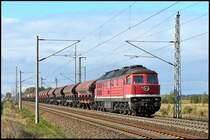 Im letzten Sonnenlicht vor der aufziehenden Wolkenfront f�hrt 232 690-8 mit einem D�ngerzug aus Poppendorf am 23.10.2007 in die Ausweichstelle Langendorf ein.