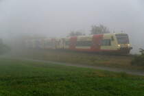 Erster Herbstnebel auf der Alb. Bei Albstadt-Laufen (KBS 766) sind am 9. Oktober 2009 VT 207, 214 und 44 unterwegs von T�bingen nach Albstadt-Ebingen.