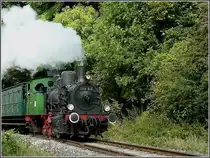 Anna N� 9  rast  am 13.09.09 mit ihren restaurierten Museumswagen durch das dicht bewaldete, fr�here Eisenerzabbaugebiet der Haltestelle Fuussb�sch entgegen. (Hans)