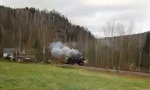 Am 28.11.09 fuhr die Eisenbahn-Nostalgie Chemnitz-Erzgebirge wieder einen Sonderzug durchs Erzgebirge. Die Garnutur bestand aus Wagen der Bauart Bag und Baag, bespannt war der Zug mit 52 8079-7. Die Reise f�hrte von Stollberg �ber Chemnitz, Annaberg, Schwarzenberg, Aue und weiter �ber die Zw�nitztalbahn nach Zw�nitz zum dortigen Weihnachtsmarkt. Hier ist der Zug zwischen Wolkenstein und Thermalbad-Wiesenbad unterwegs.