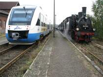 Zugkreuzung im Bahnhof von Chrivitz, ein Sonderzug im Rahmen der Bundesgartenschau auf dem Weg von Parchim nach Schwerin HBF trifft im Bf. Crivitz auf einen TW Lint 703 der OLA