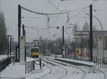 Haltestelle Blockdammweg / Ehrlichstra�e. Diese Haltestelle f�r die Tramlinie 21 wurde im Zuge der Erneuerung des Blockdammwegs neu gebaut. Sie ersetzt eine  normale  Haltestelle am Ende der Ehrlichstra�e, die zumindest auf einer Seite bisher nur mit dem Risiko durchfahrender Autos benutzt werden konnte. Der Blockdammweg selbst wurde stark verbreitert - gab es bisher abschnittsweise nur eine zweispurige Stra�e  westlich (im Bild rechts) von der Stra�enbahn, so f�hrt nun die Stra�enbahn in der Mitte zweier Fahrspuren. Radfahrer erhalten einen eigenen Fahrradstreifen auf der Fahrbahn. 18.12.2009