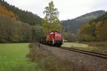 290 505-7 mit G�terzug nach Lobenstein am 26.10.2009 im Sormitztal zwischen Leutenberg und Lichtentanne.