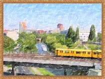 Berliner U-Bahn,Zug der Linie U1 auf der Br�cke �ber den Landwehrkanal zwischen M�ckernbr�cke und Gleisdreieck.Im Hintergrund der Potsdamer Platz.(Das  normale Foto  sieht 
man bei Deutschland/Regional/Berliner U-Bahn.Bln.28.05.05