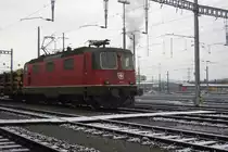 Re 4/4 II (ausger�stet mit ETCS, erkennbar an dem weissen Dreieck) steht mit ihrem Holzzug in Buchs. 13.12.09.