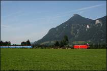 Eine 185er legt sich mit dem leeren M�llzug Niederlande – Hall i.Tirol, bei Niederaudorf in die Kurve. (07.08.2009)