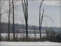 Im d�mmsten Moment und mit 15 Minuten Versp�tung kommt der RJ160 nach Z�rich HB doch noch an mir vorbeigerauscht. (21.01.2010)