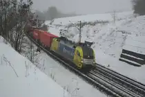 ES 64 U2-025 mit  Boxx -Zug in Fahrtrichtung S�den zwischen Sontra und Cornberg. Aufgenommen am 04.02.2010.